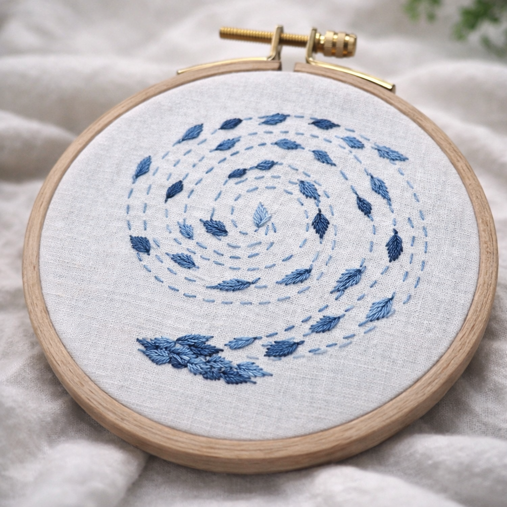 Hand Embroidery Process: Blue Spiral